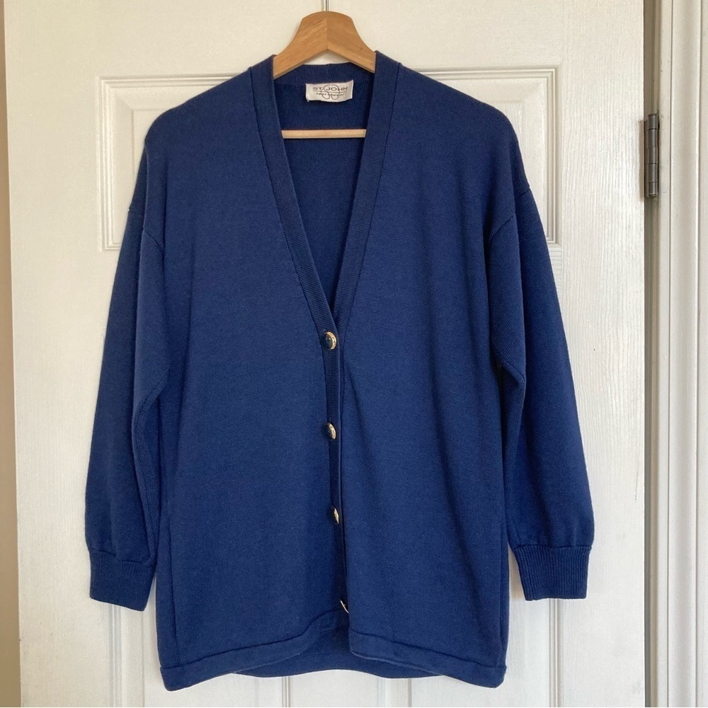 St. John Sportswear Santana Knit Gold Button Cardigan in Navy Blue, Size S
